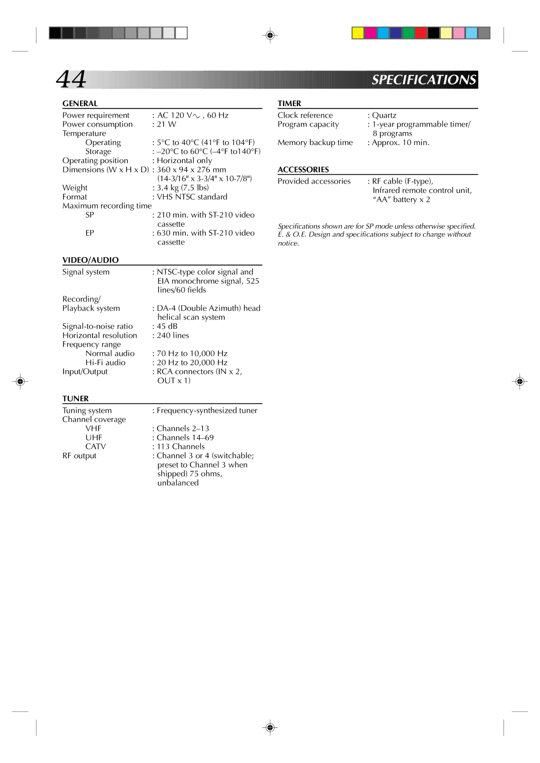 JVC HR-J630U manual Specifications 