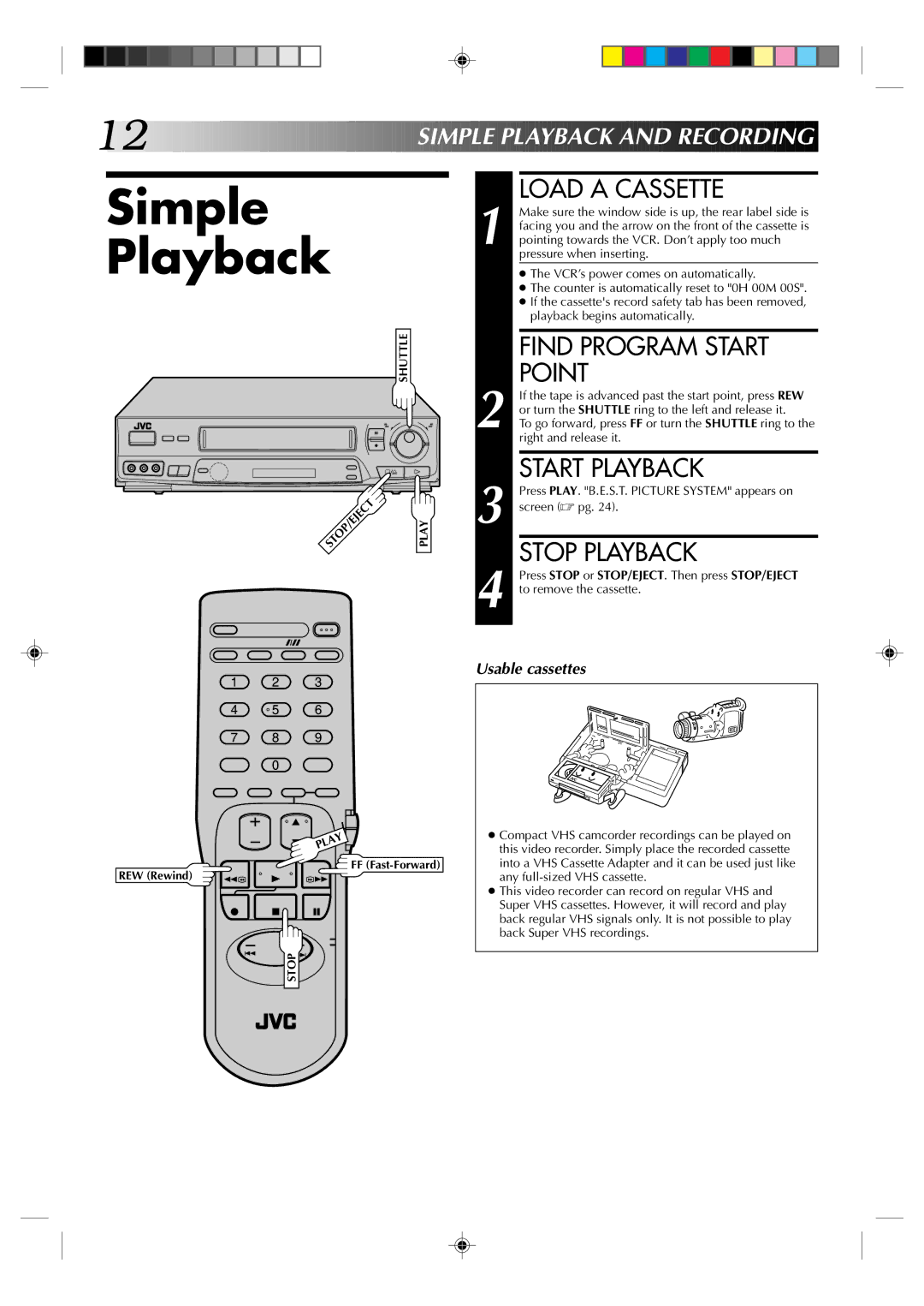 JVC HR-J631T manual Simple Playback, Load a Cassette, Find Program Start Point, Start Playback, Stop Playback 