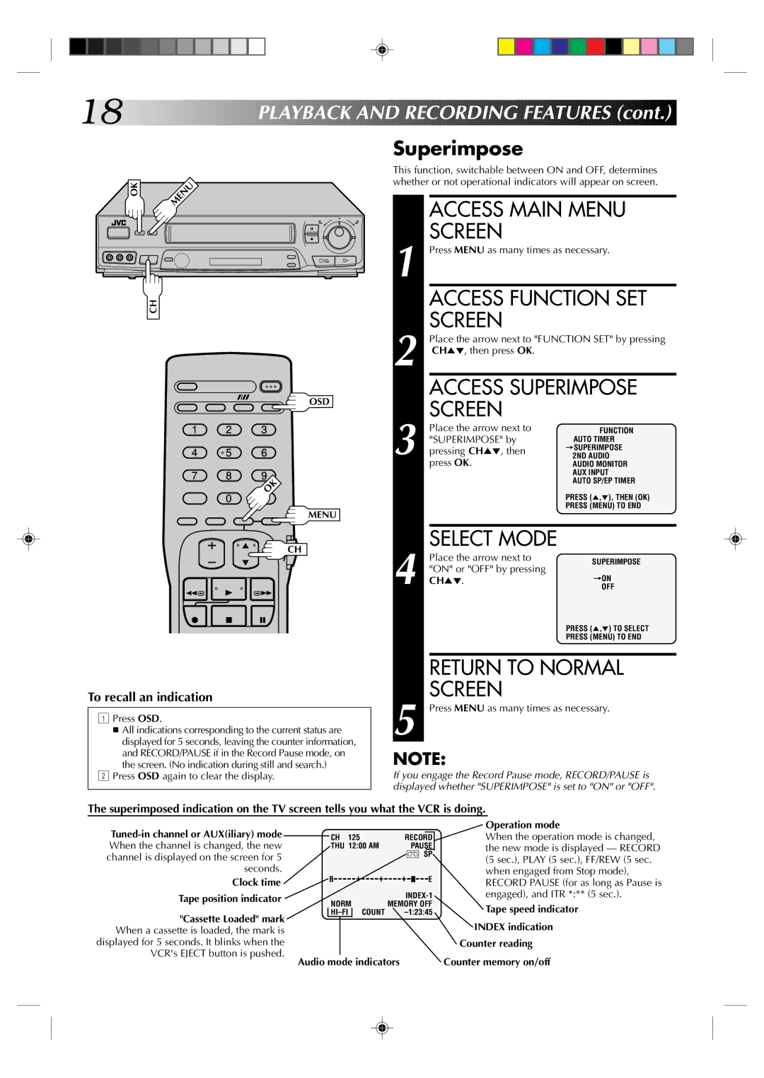 JVC HR-J631T manual Playback and Recording Features, Superimpose 