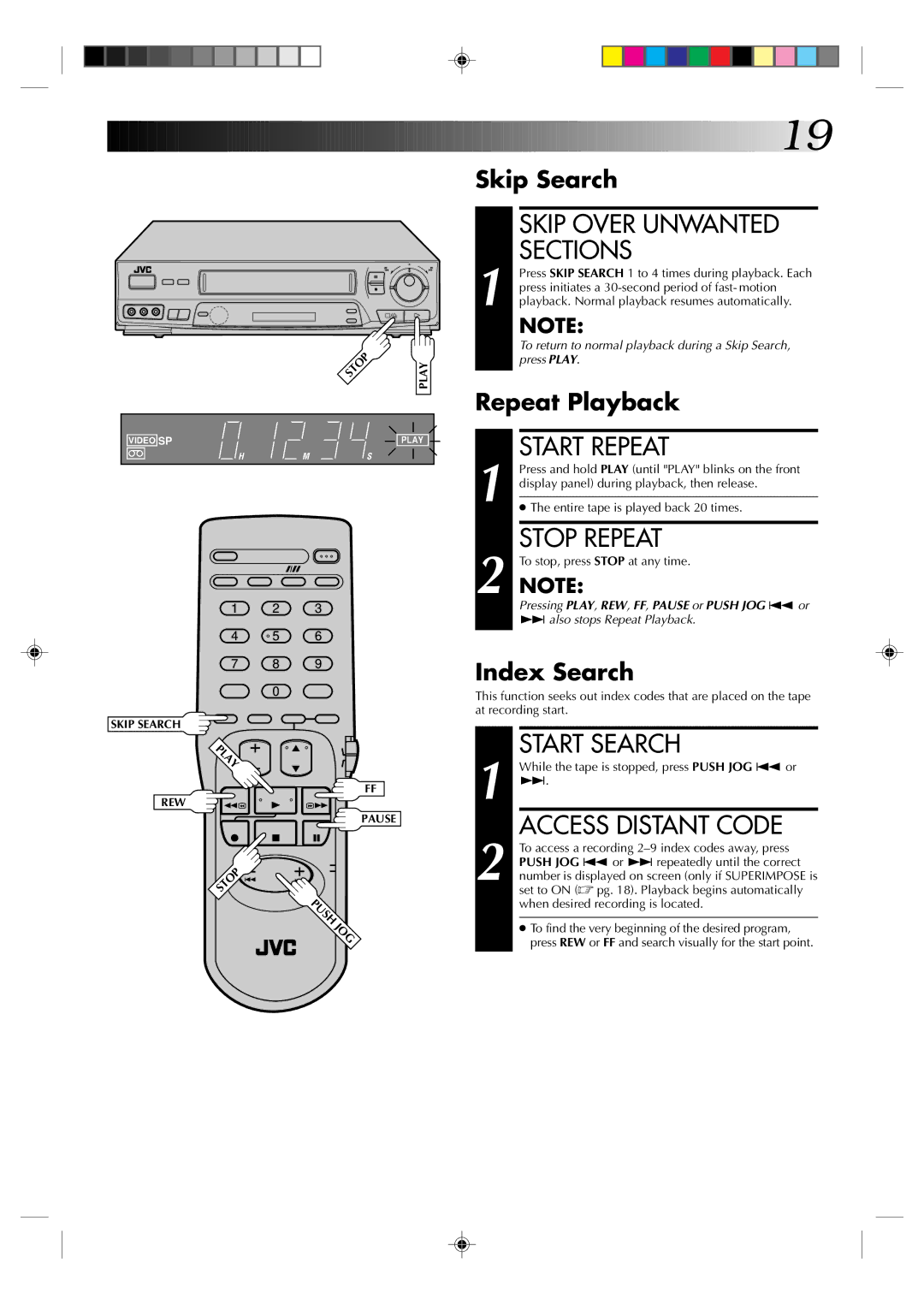 JVC HR-J631T manual Skip Over Unwanted Sections, Start Repeat, Stop Repeat, Start Search, Access Distant Code 