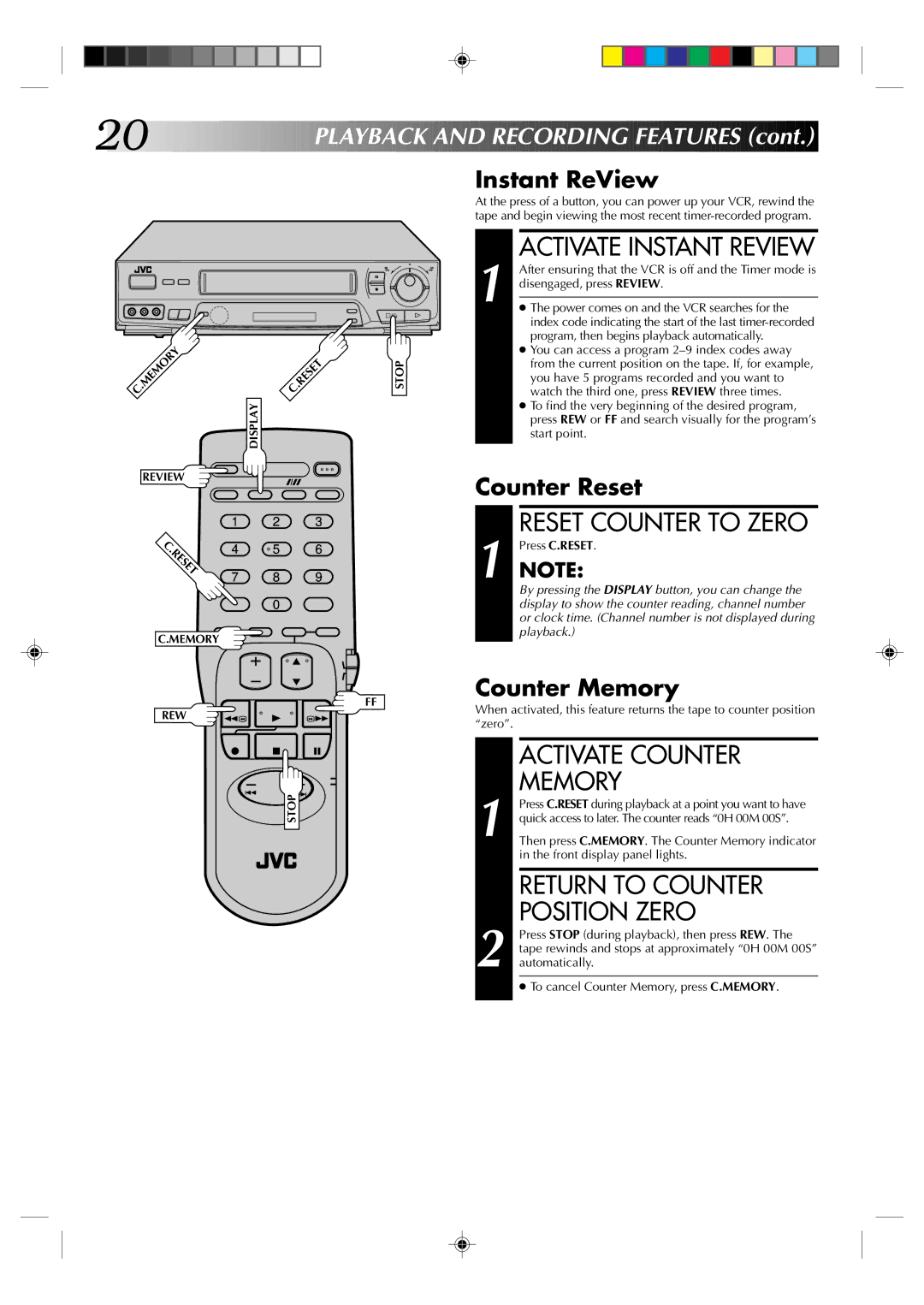 JVC HR-J631T manual Activate Instant Review, Activate Counter, Memory, Return to Counter Position Zero 