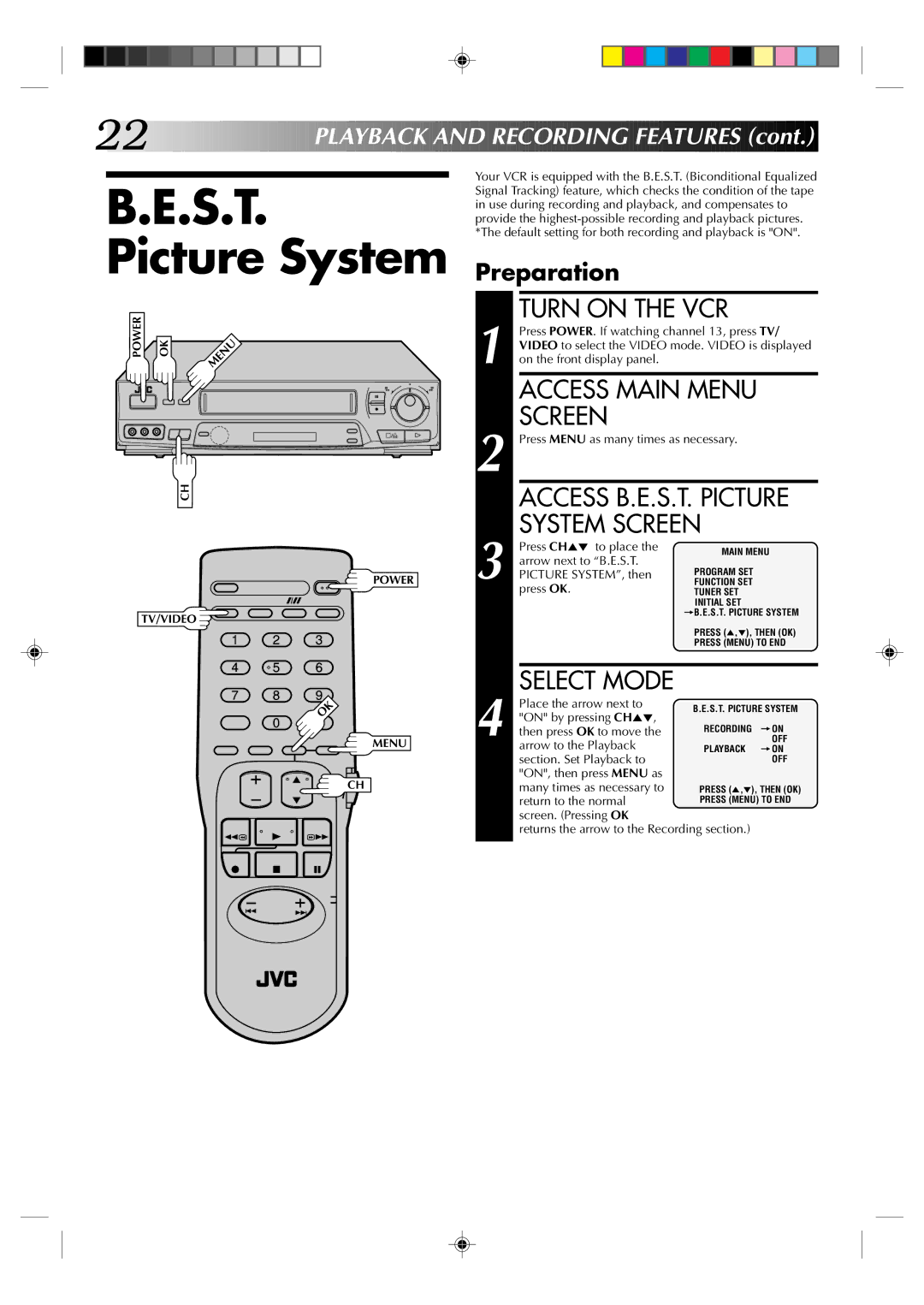 JVC HR-J631T manual Picture System Preparation, Select Mode 