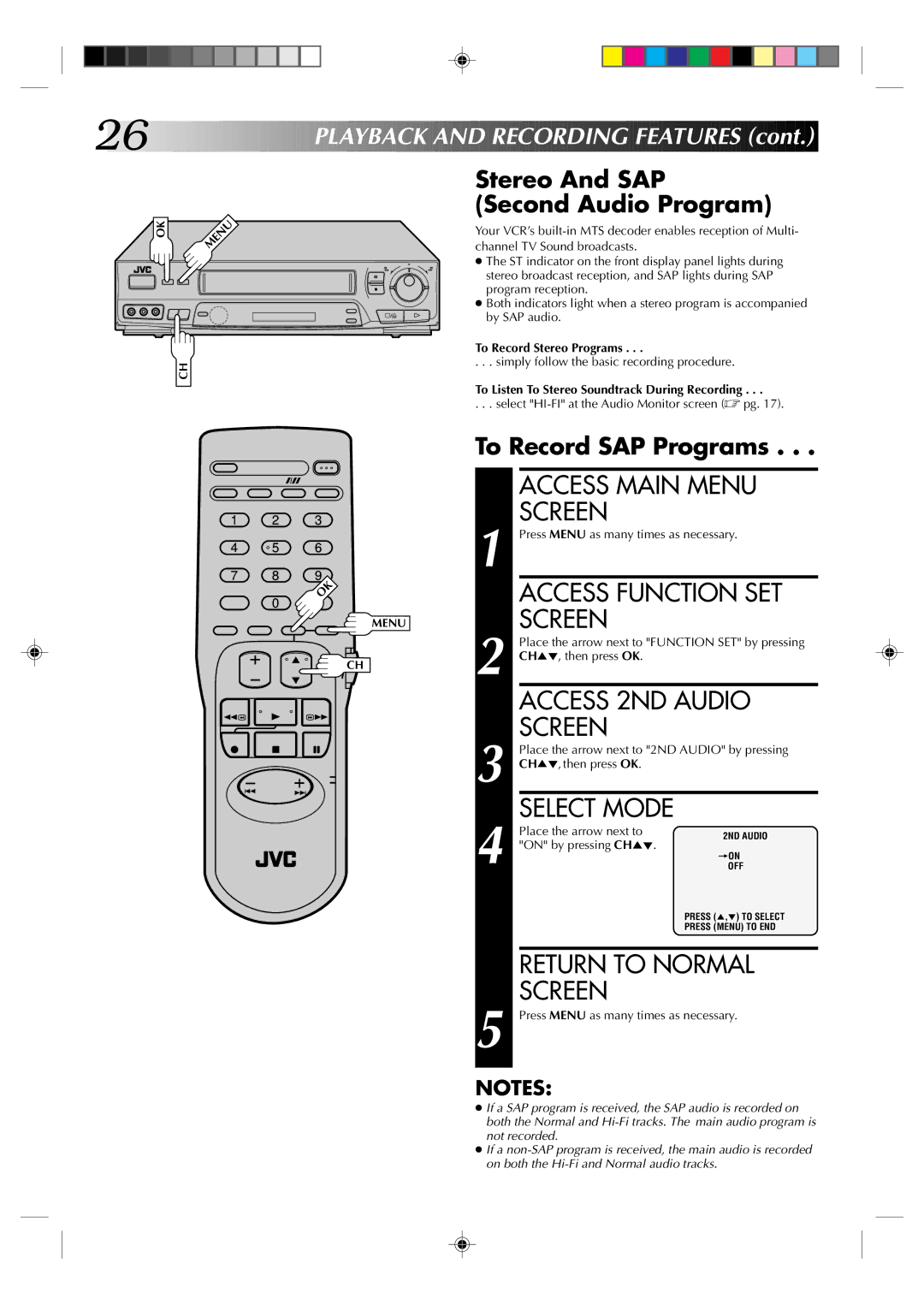 JVC HR-J631T Access 2ND Audio, Stereo And SAP Second Audio Program, To Record SAP Programs, To Record Stereo Programs 