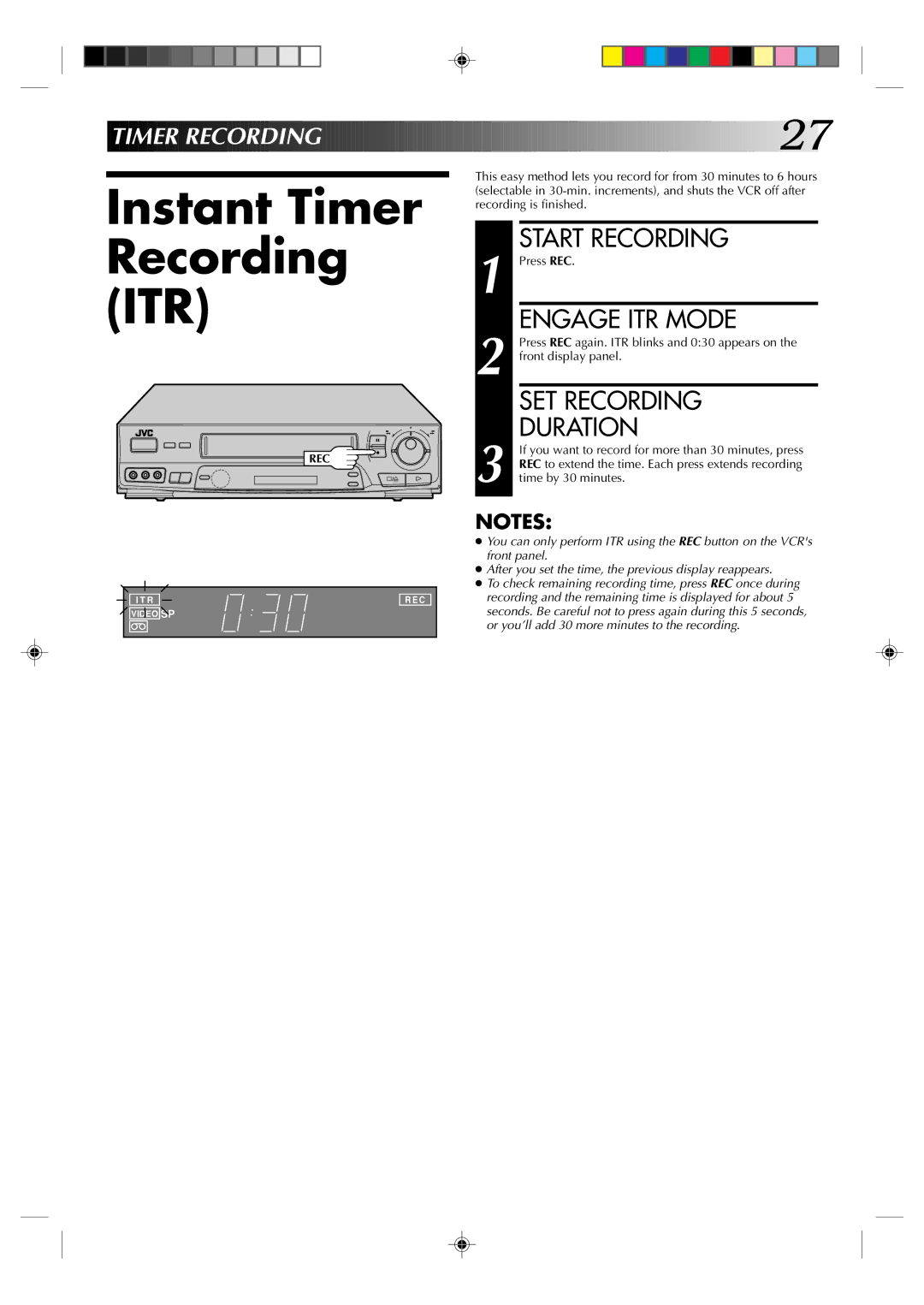 JVC HR-J631T manual Instant Timer Recording ITR, Engage ITR Mode, SET Recording Duration 