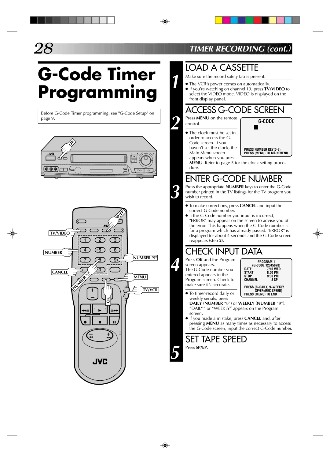 JVC HR-J631T manual Code Timer Programming, Access G-CODE Screen, Enter G-CODE Number, Check Input Data 