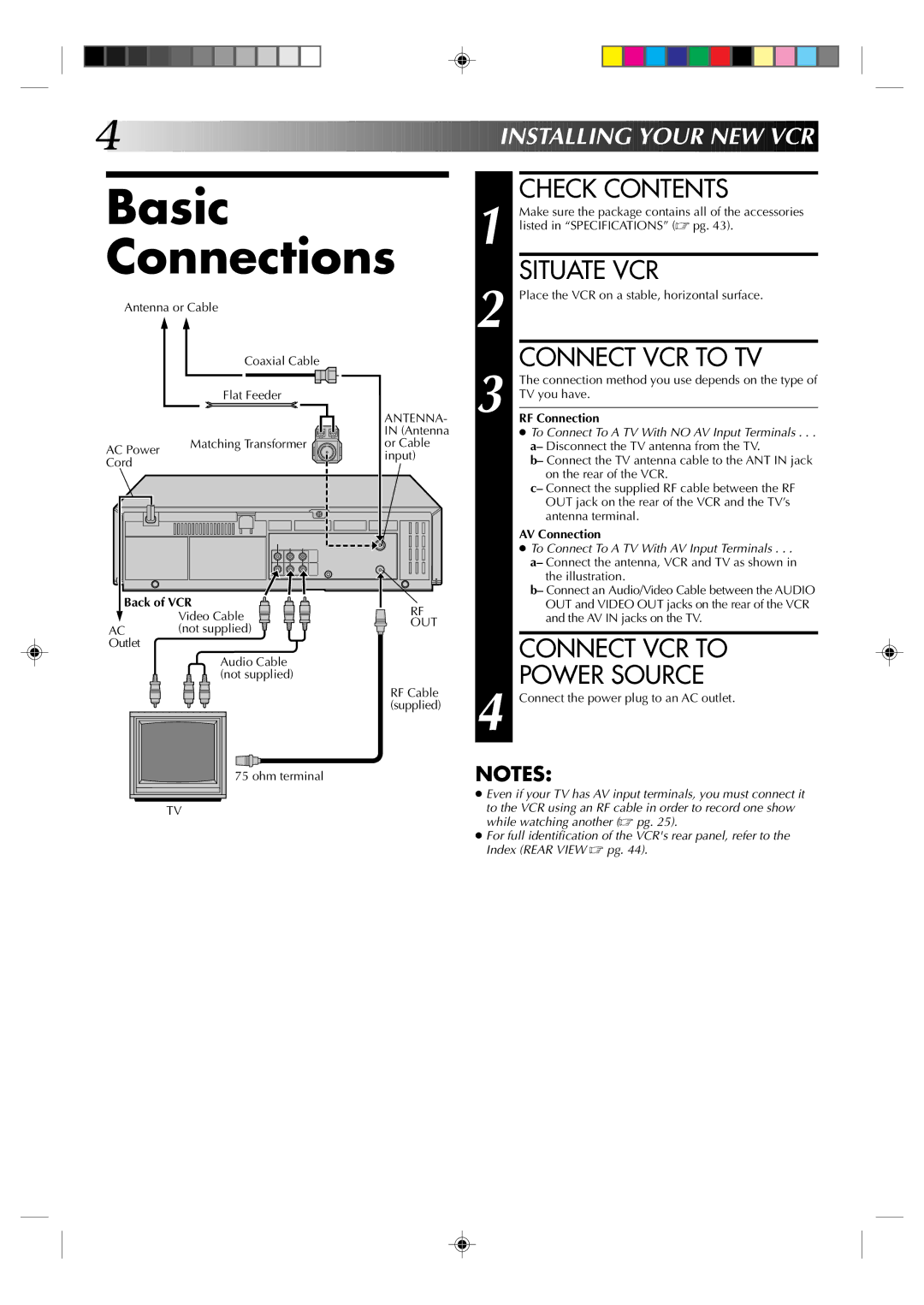 JVC HR-J631T manual Basic Connections, Check Contents, Situate VCR, Connect VCR to TV, Connect VCR to Power Source 