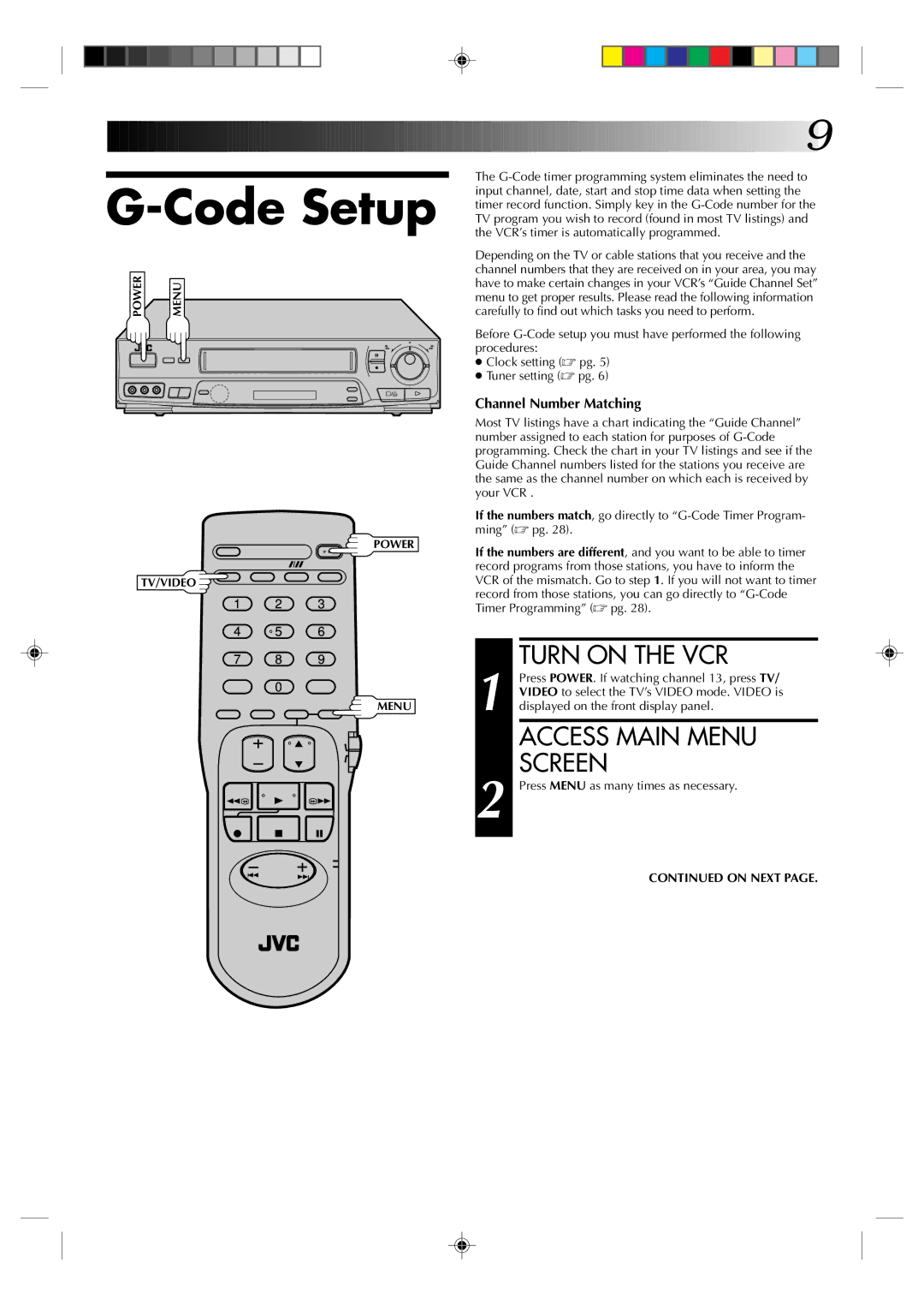 JVC HR-J631T manual Code Setup, Access Main Menu Screen 