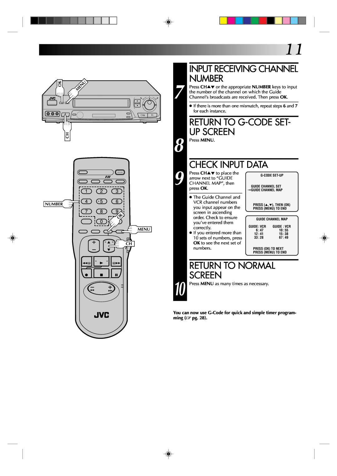 JVC HR-J631T manual Number, Return To G-Code Set Up Screen, Return To Normal, Check Input Data, Input Receiving Channel 