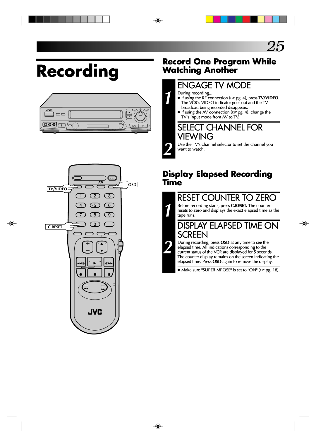JVC HR-J631T Recording, Engage Tv Mode, Select Channel For Viewing, Reset Counter To Zero, Display Elapsed Time On Screen 