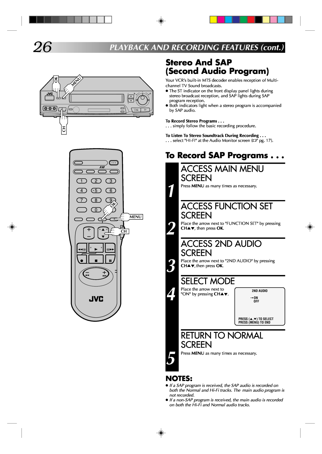JVC HR-J631T manual ACCESS 2ND AUDIO, Stereo And SAP Second Audio Program, To Record SAP Programs, Access Main Menu, Screen 