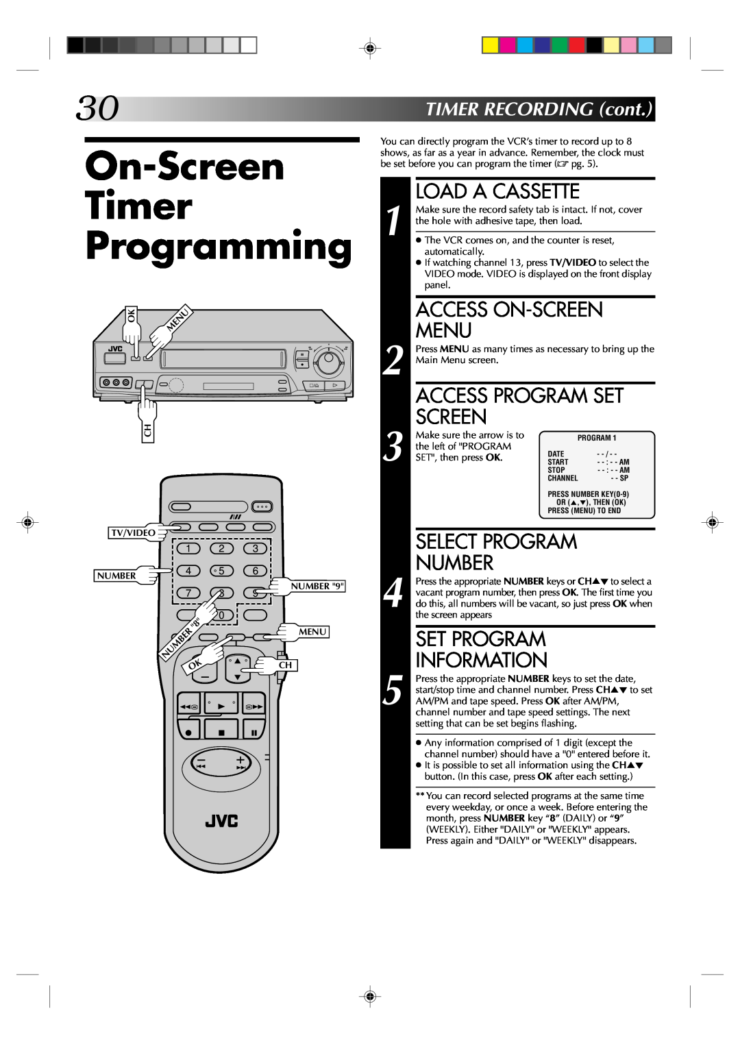 JVC HR-J631T On-Screen Timer Programming, Access On-Screen, Menu, Access Program Set, Select Program, Set Program, Number 