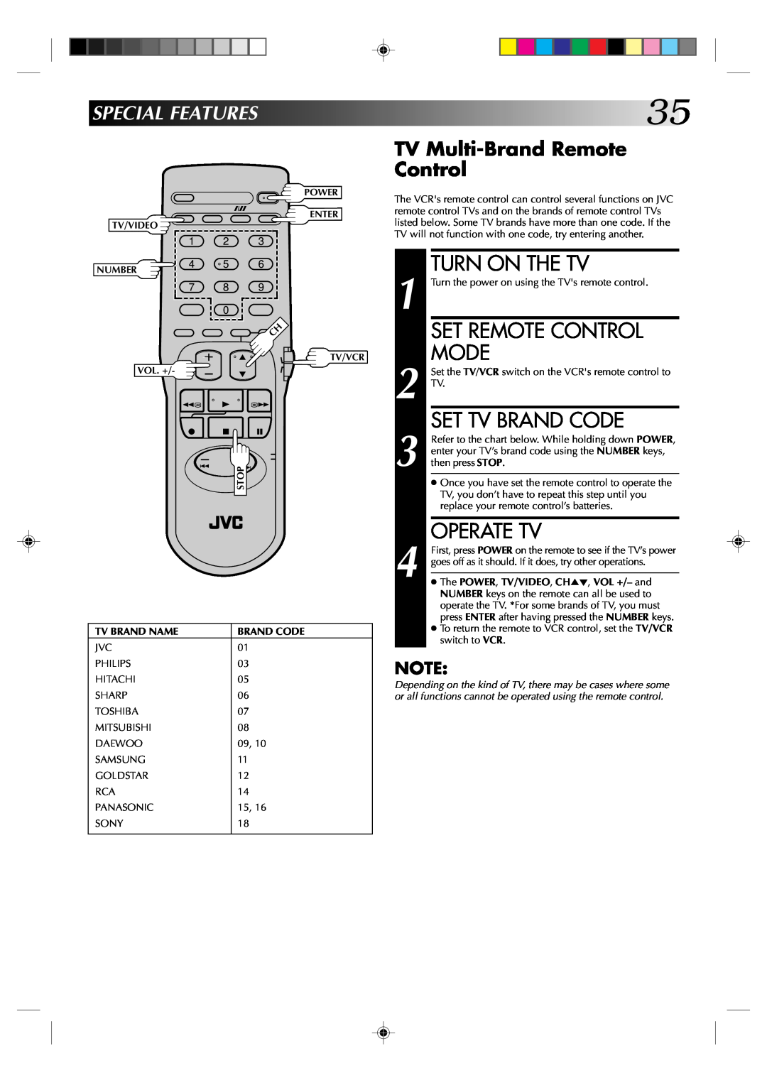 JVC HR-J631T manual Turn On The Tv, Set Remote Control, Mode, Set Tv Brand Code, Operate Tv, Specialfeatures, Tv Brand Name 