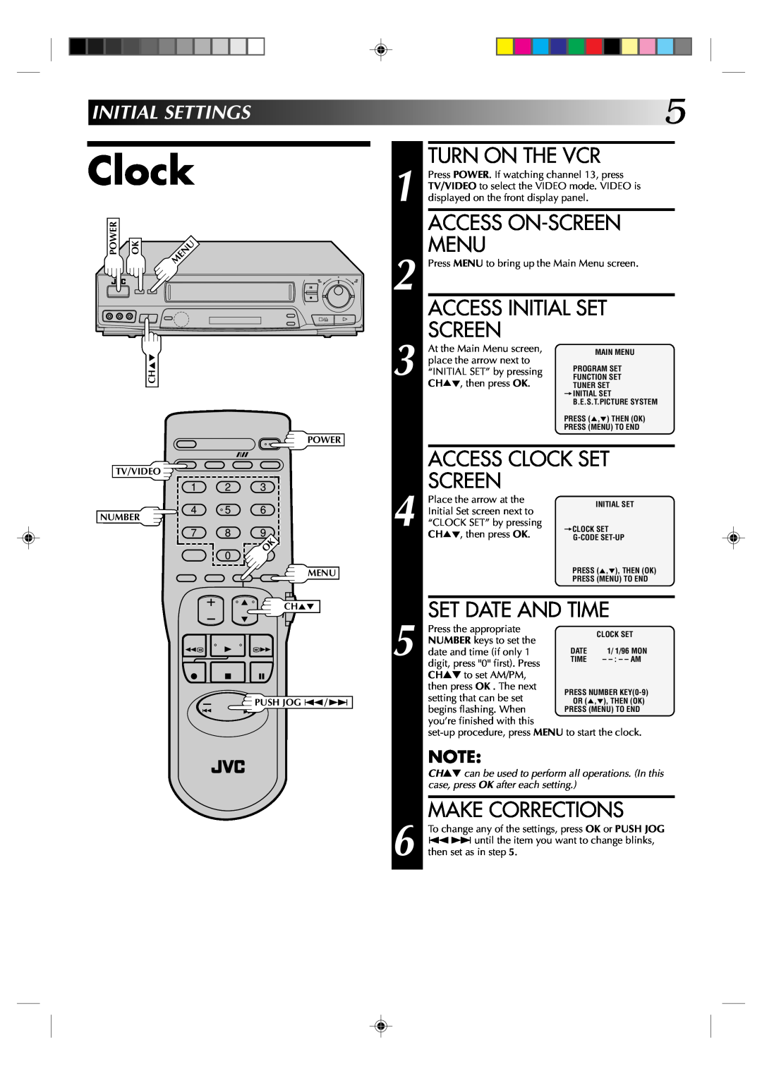 JVC HR-J631T manual Turn On The Vcr, Access On-Screen Menu, Access Initial Set Screen, Access Clock Set Screen, Power 