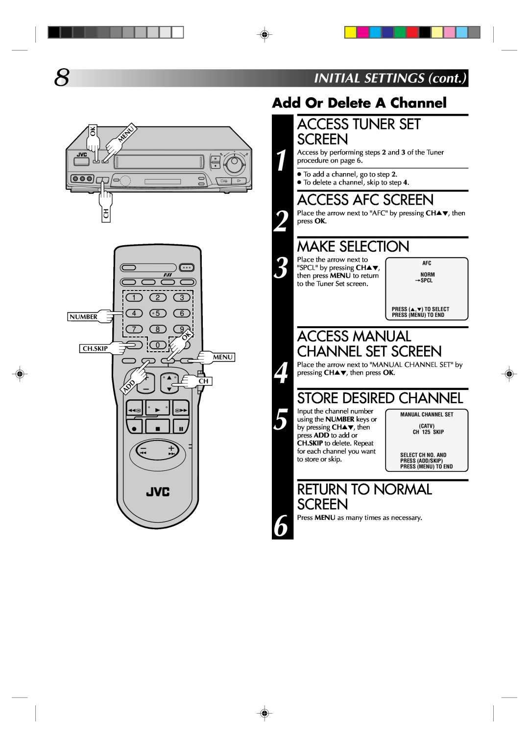 JVC HR-J631T Access Tuner Set Screen, Access Afc Screen, Store Desired Channel, Return To Normal Screen, Make Selection 