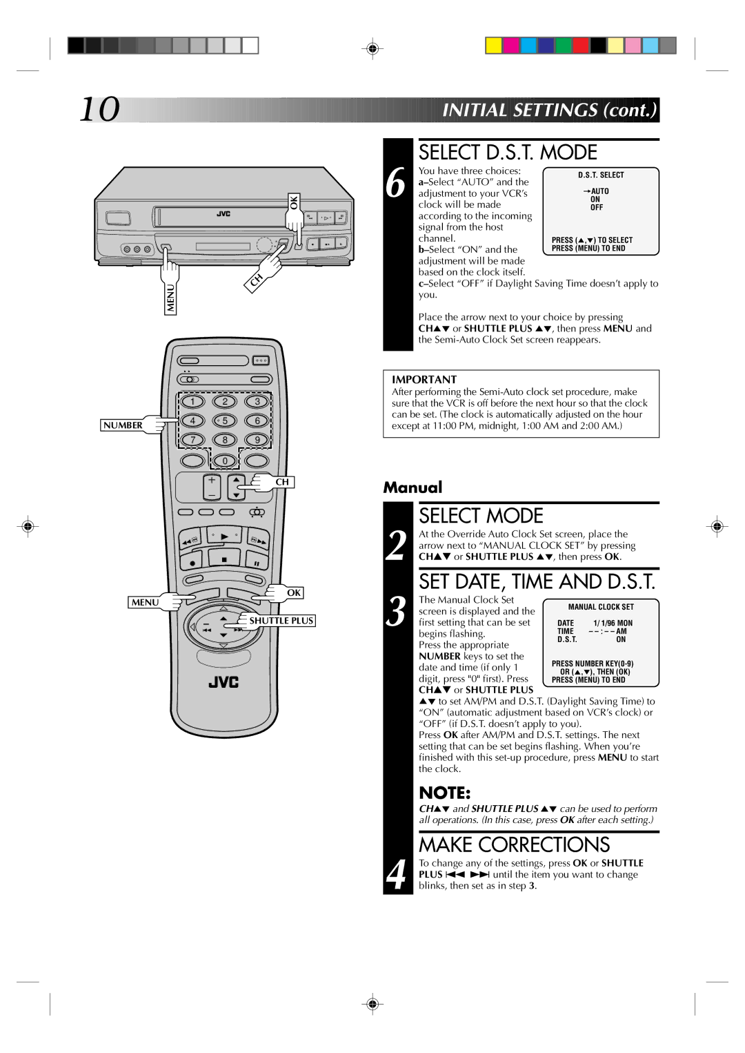 JVC HR-J633U manual Select D.S.T. Mode, Select Mode, SET DATE, Time and D.S.T, Make Corrections 