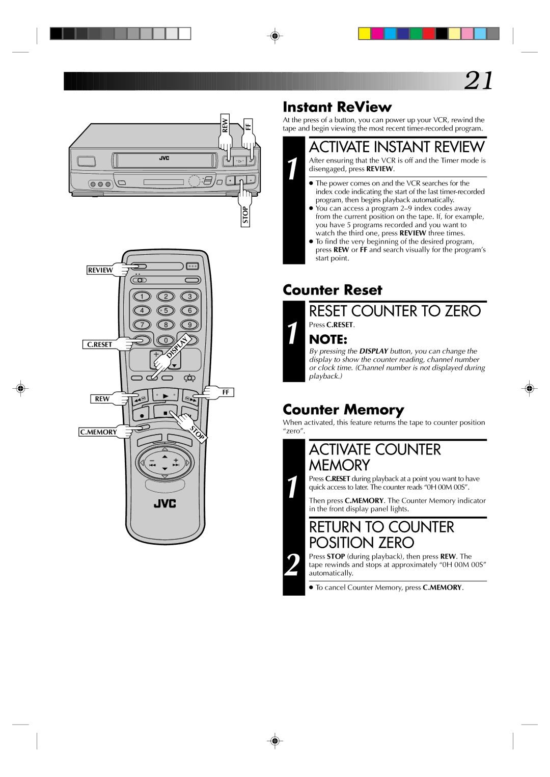 JVC HR-J633U Activate Instant Review, Reset Counter to Zero, Activate Counter, Memory, Return to Counter Position Zero 