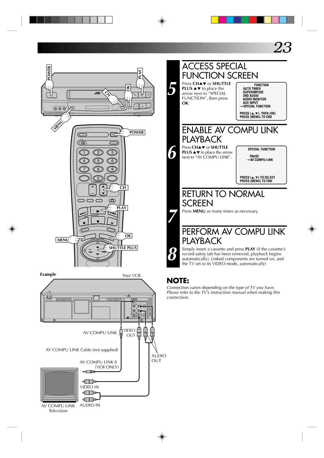 JVC HR-J633U manual Access Special Function Screen, Enable AV Compu Link Playback, Perform AV Compu Link Playback 