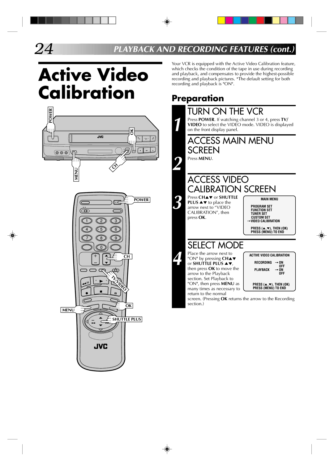 JVC HR-J633U manual Active Video Calibration, Access Main Menu Screen, Access Video Calibration Screen 