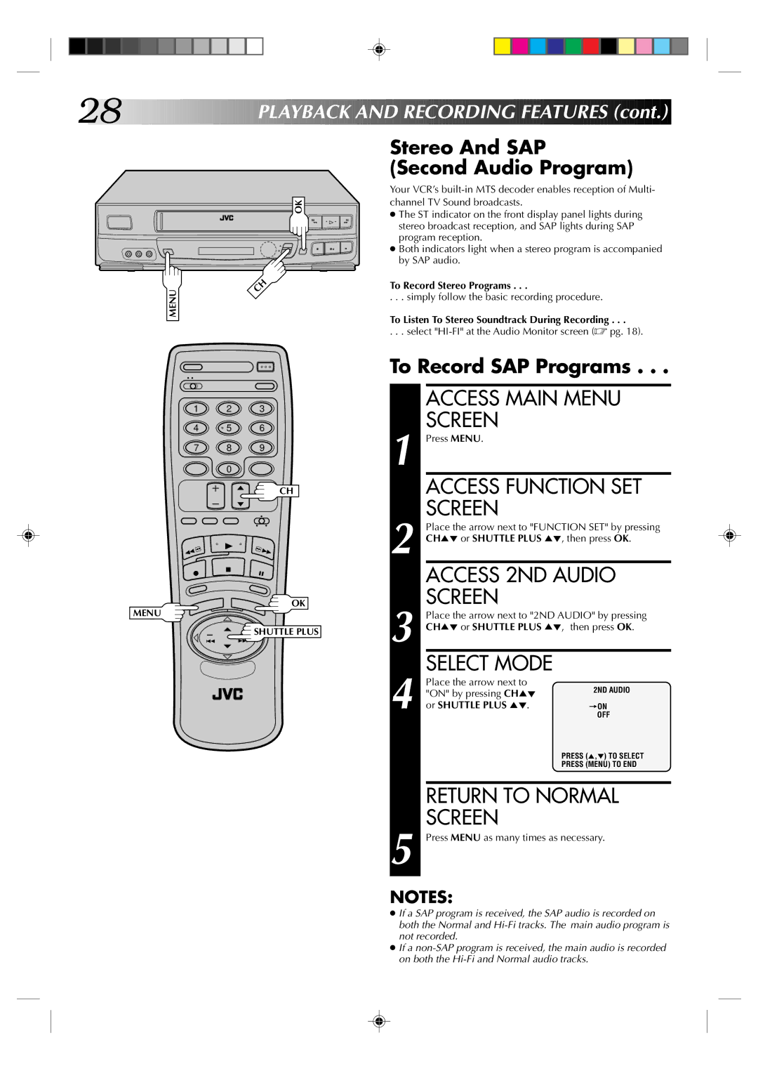 JVC HR-J633U Access 2ND Audio, Stereo And SAP Second Audio Program, To Record SAP Programs, To Record Stereo Programs 