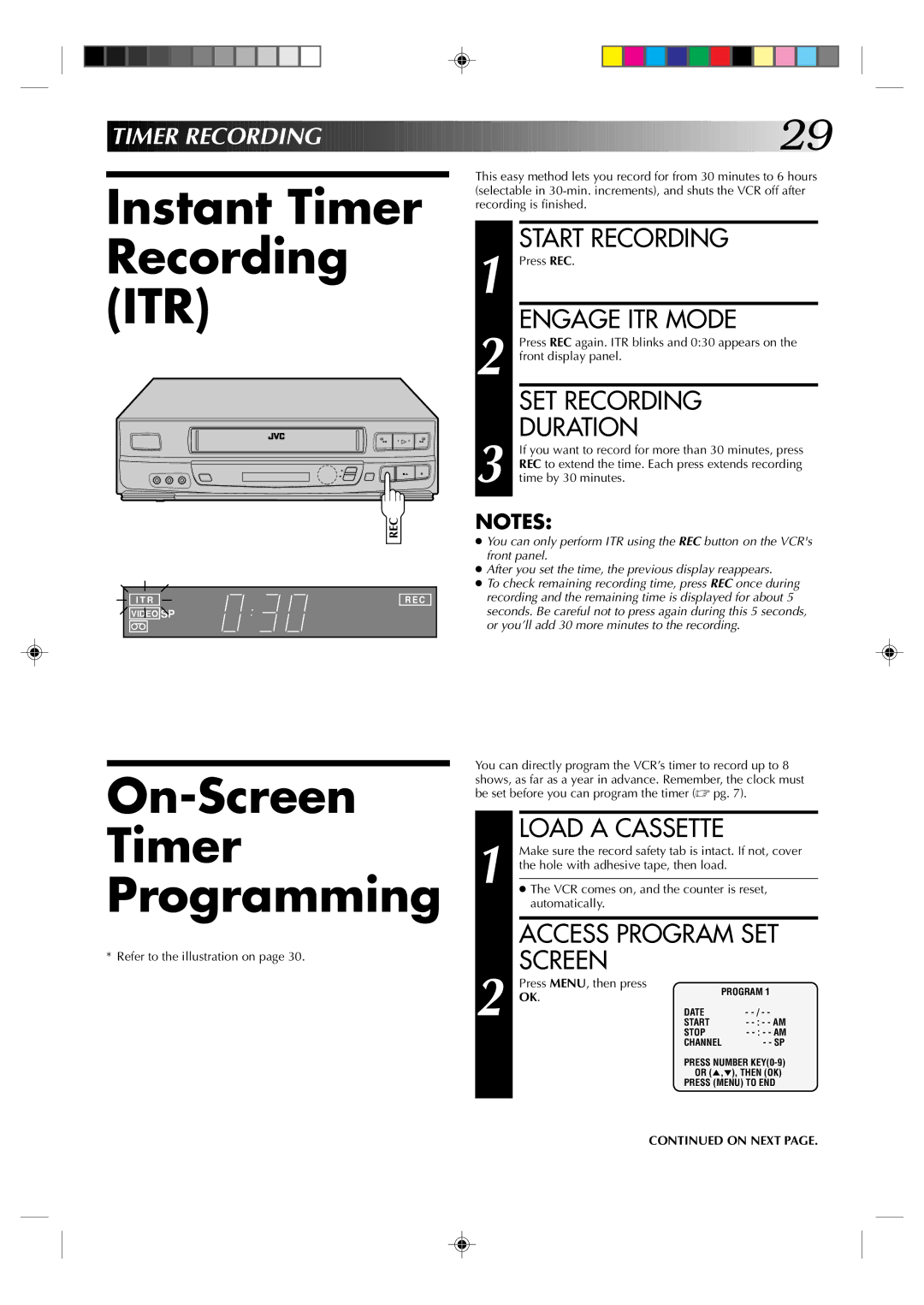 JVC HR-J633U manual Instant Timer Recording ITR, On-Screen Timer Programming, Engage ITR Mode, SET Recording Duration 