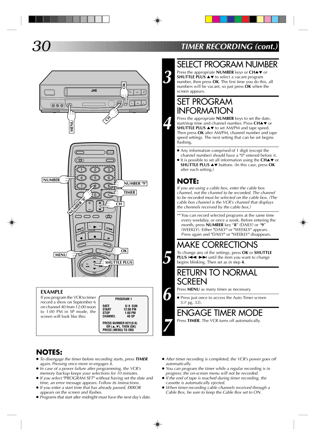 JVC HR-J633U manual Select Program Number, SET Program Information, Engage Timer Mode 