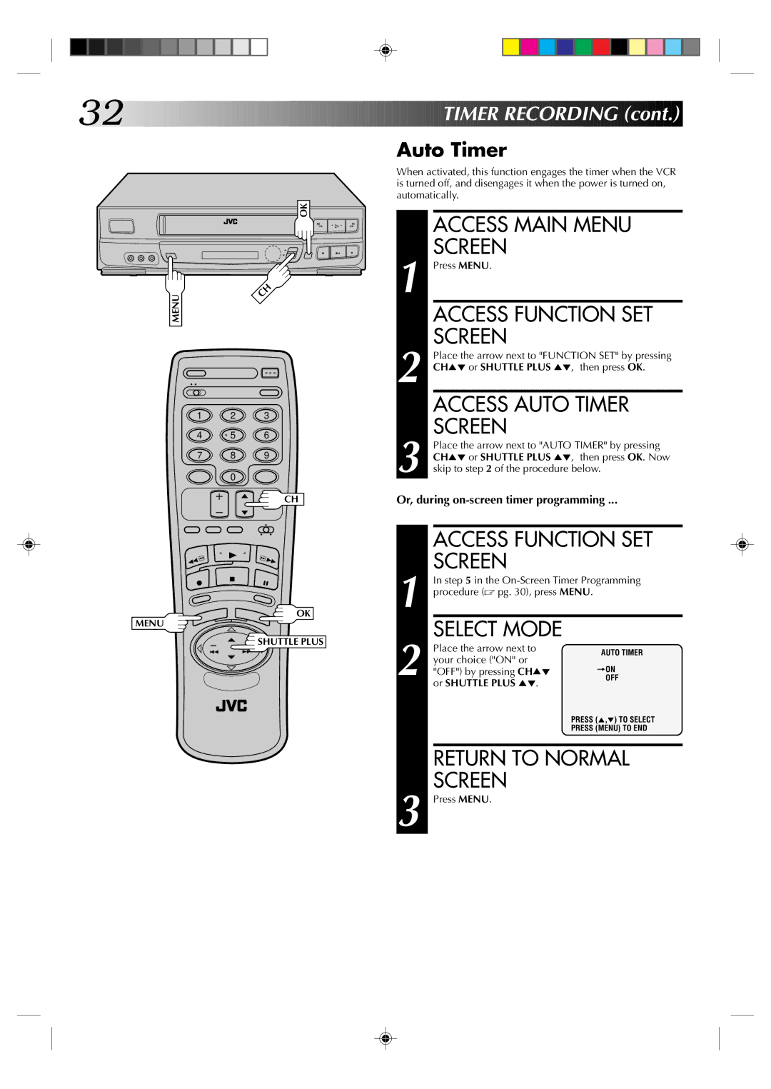 JVC HR-J633U manual Access Auto Timer, Access Function SET Screen 