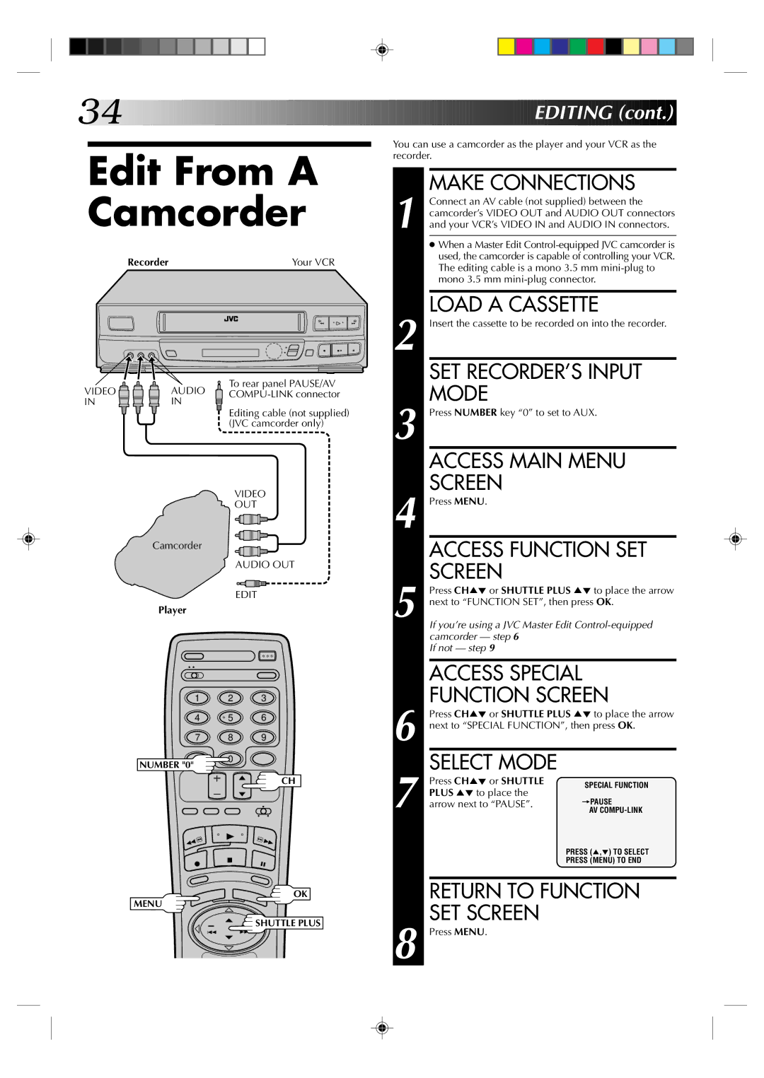 JVC HR-J633U manual Edit From a Camcorder 