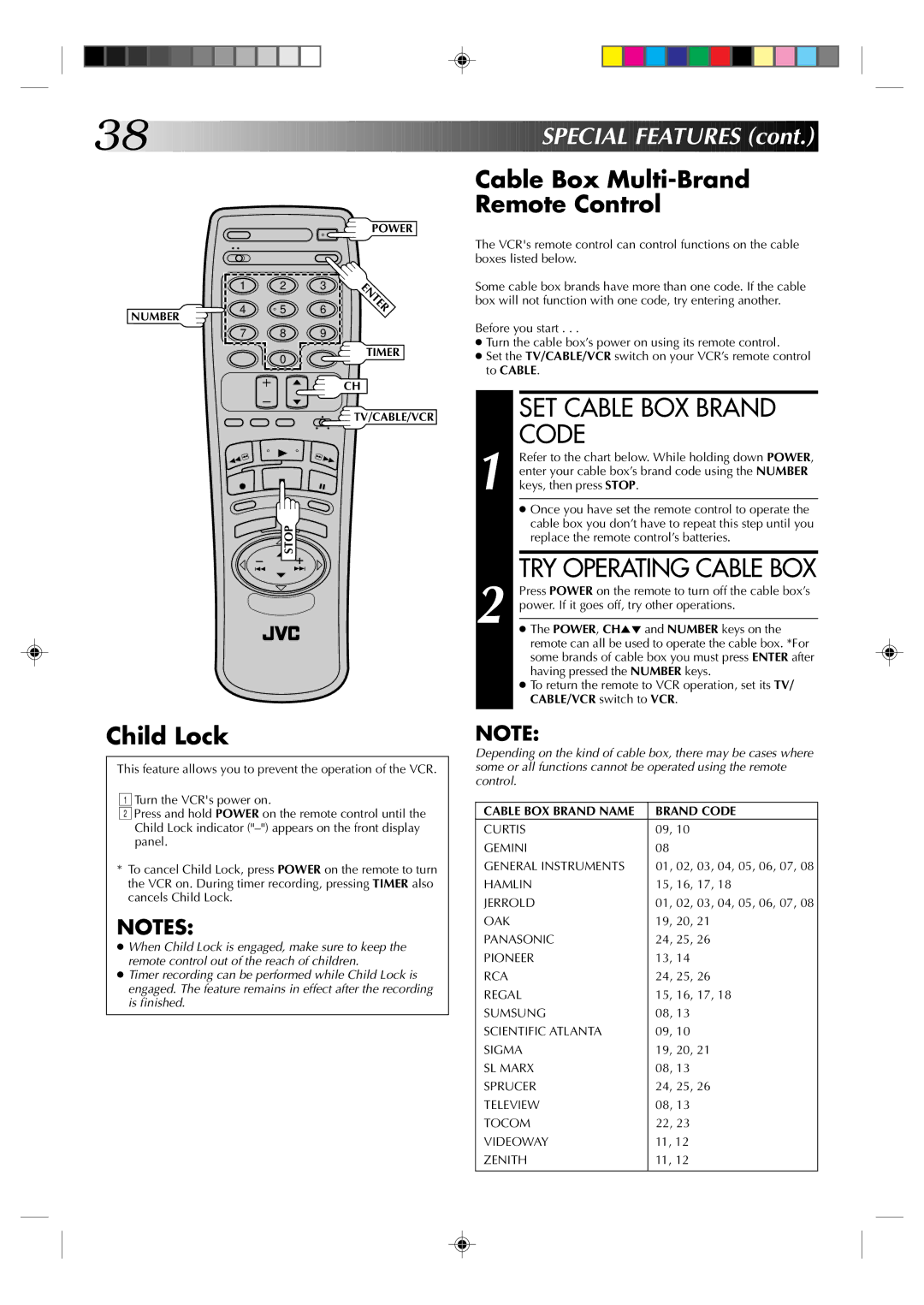 JVC HR-J633U SET Cable BOX Brand Code, TRY Operating Cable BOX, Special Features, Cable Box Multi-Brand Remote Control 