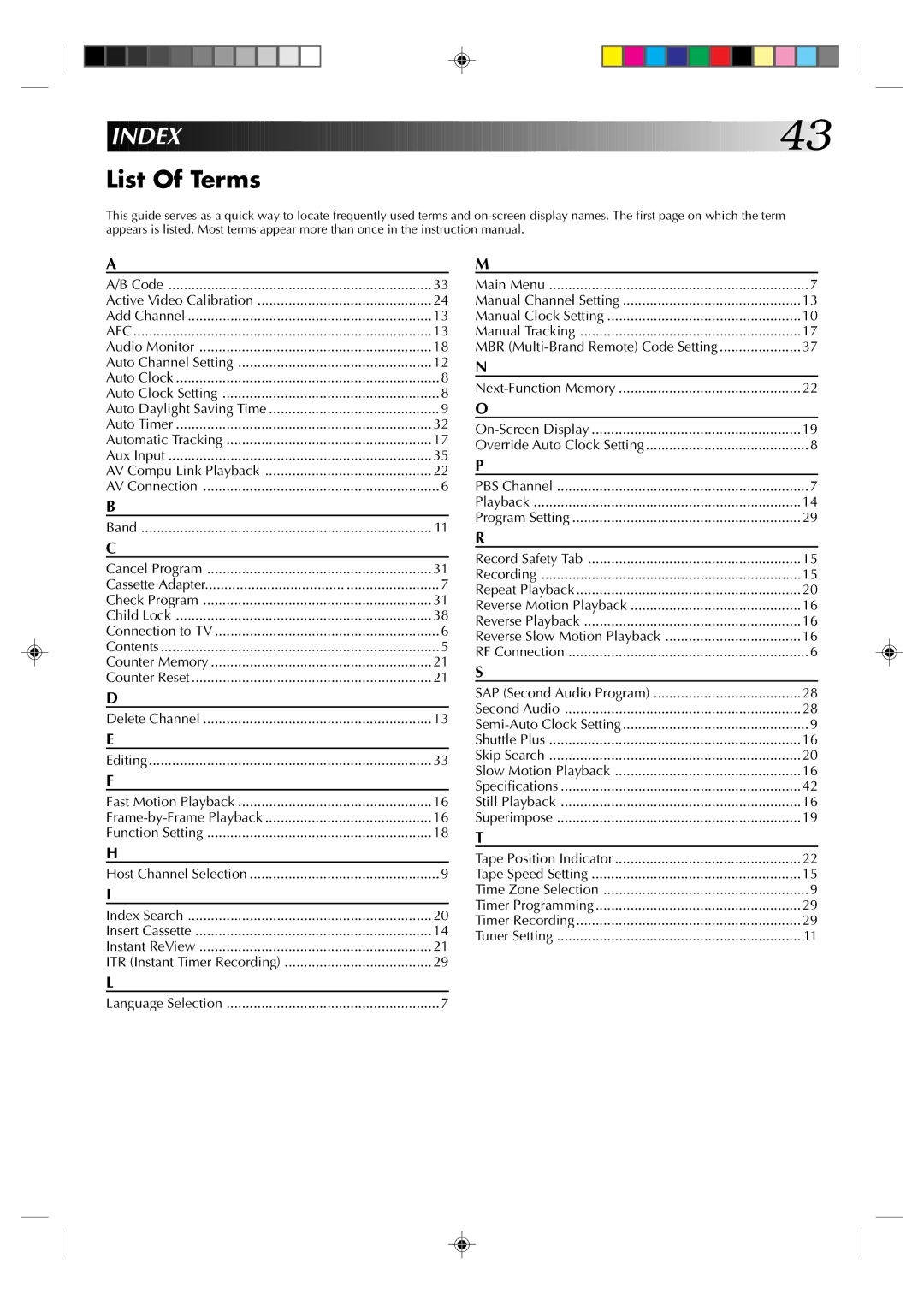 JVC HR-J633U manual Index, List Of Terms 