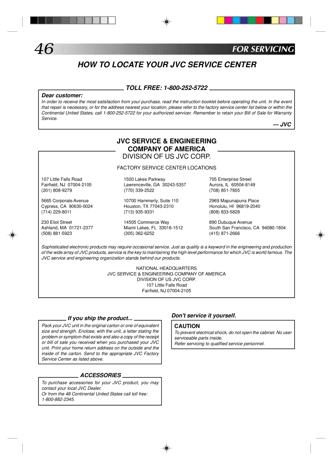 JVC HR-J633U manual For Servicing, HOW to Locate Your JVC Service Center 