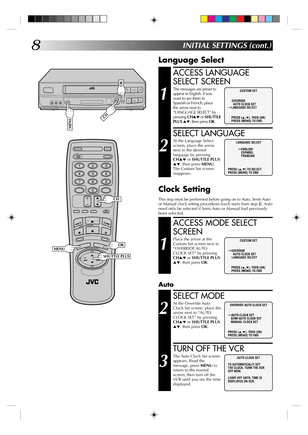 JVC HR-J633U manual Access Language, Select Language, Access Mode Select Screen, Turn OFF the VCR 