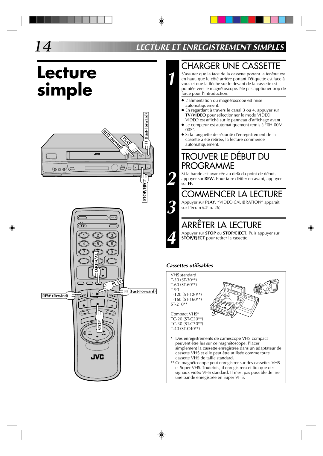 JVC HR-J633U manual Lecture simple, Charger UNE Cassette, Trouver LE Début DU, Programme, Arrêter LA Lecture 