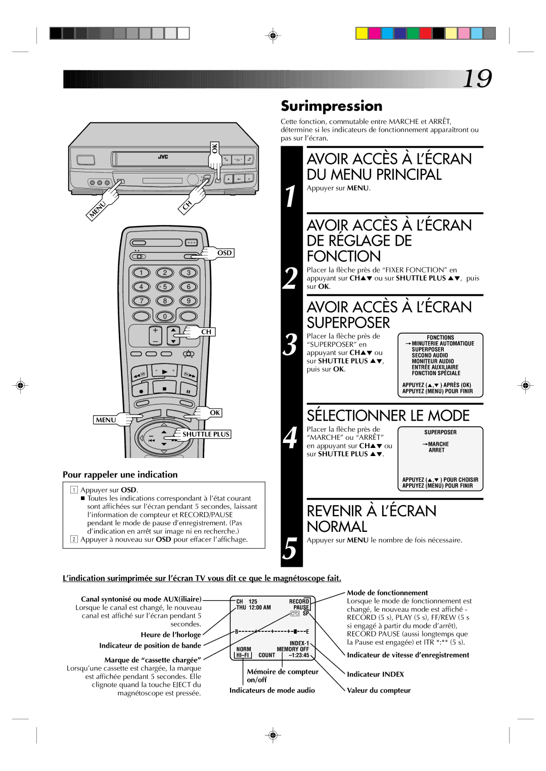 JVC HR-J633U manual Surimpression, Canal syntonisé ou mode AUXiliaire 