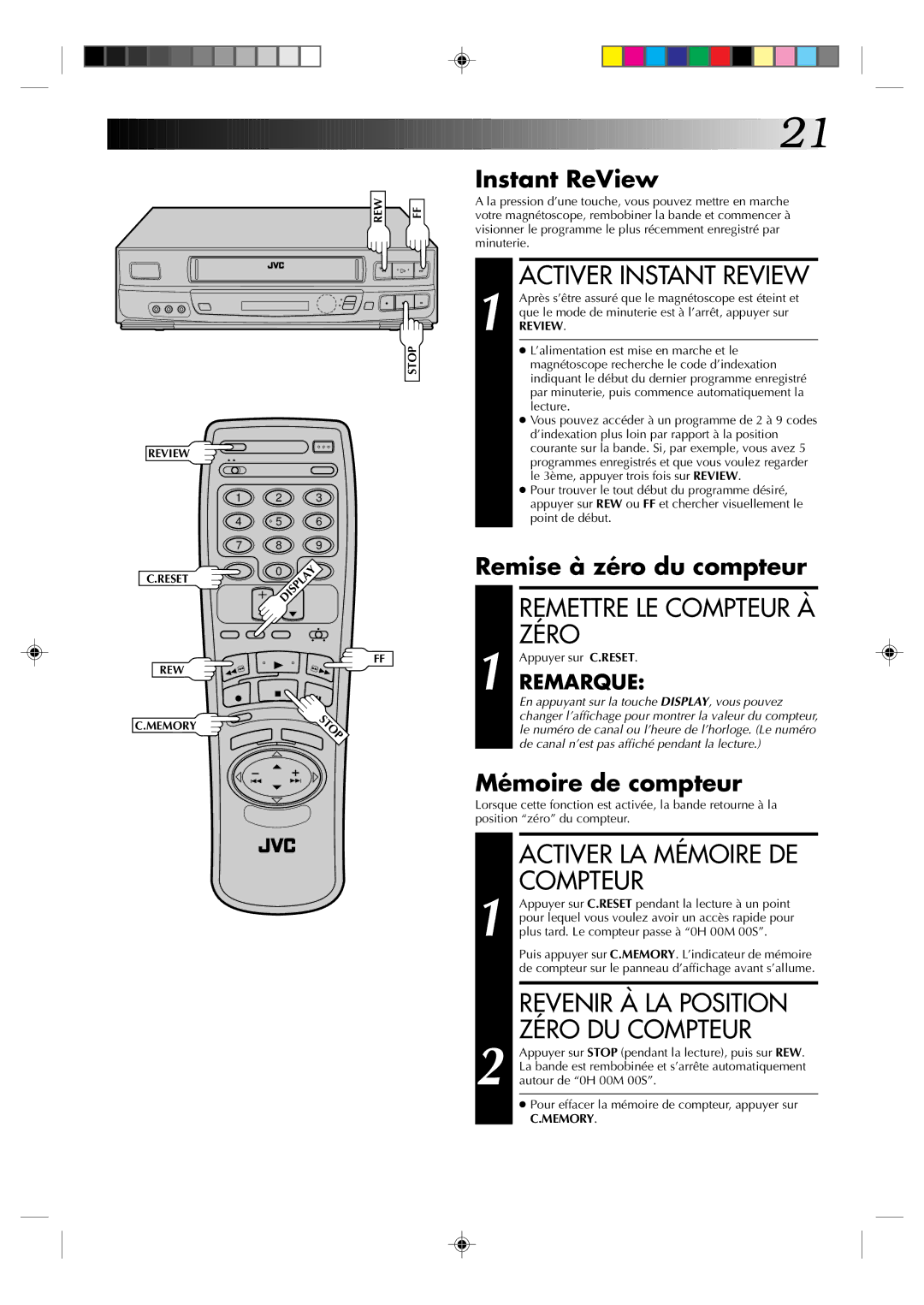 JVC HR-J633U manual Activer Instant Review, Remettre LE Compteur À, Zéro, Activer LA Mémoire DE Compteur 