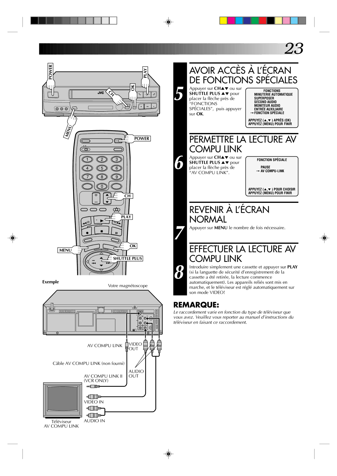 JVC HR-J633U manual Compu Link, Permettre LA Lecture AV, Effectuer LA Lecture AV, Exemple, Shuttle Plus 5 pour 