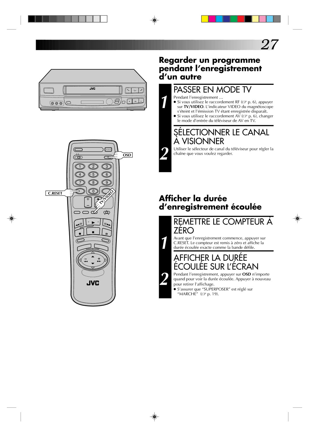 JVC HR-J633U manual Passer EN Mode TV, Sélectionner LE Canal À Visionner, Remettre LE Compteur À Zéro 