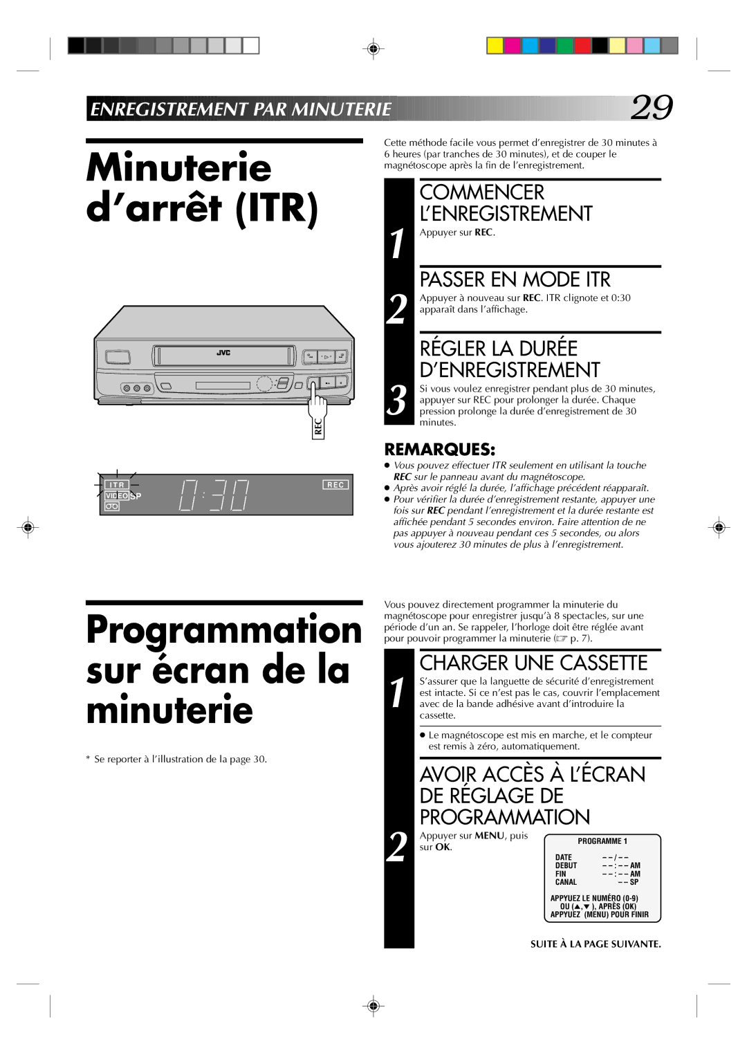 JVC HR-J633U Minuterie d’arrêt ITR, Programmation sur écran de la minuterie, Commencer ’ENREGISTREMENT, Passer EN Mode ITR 