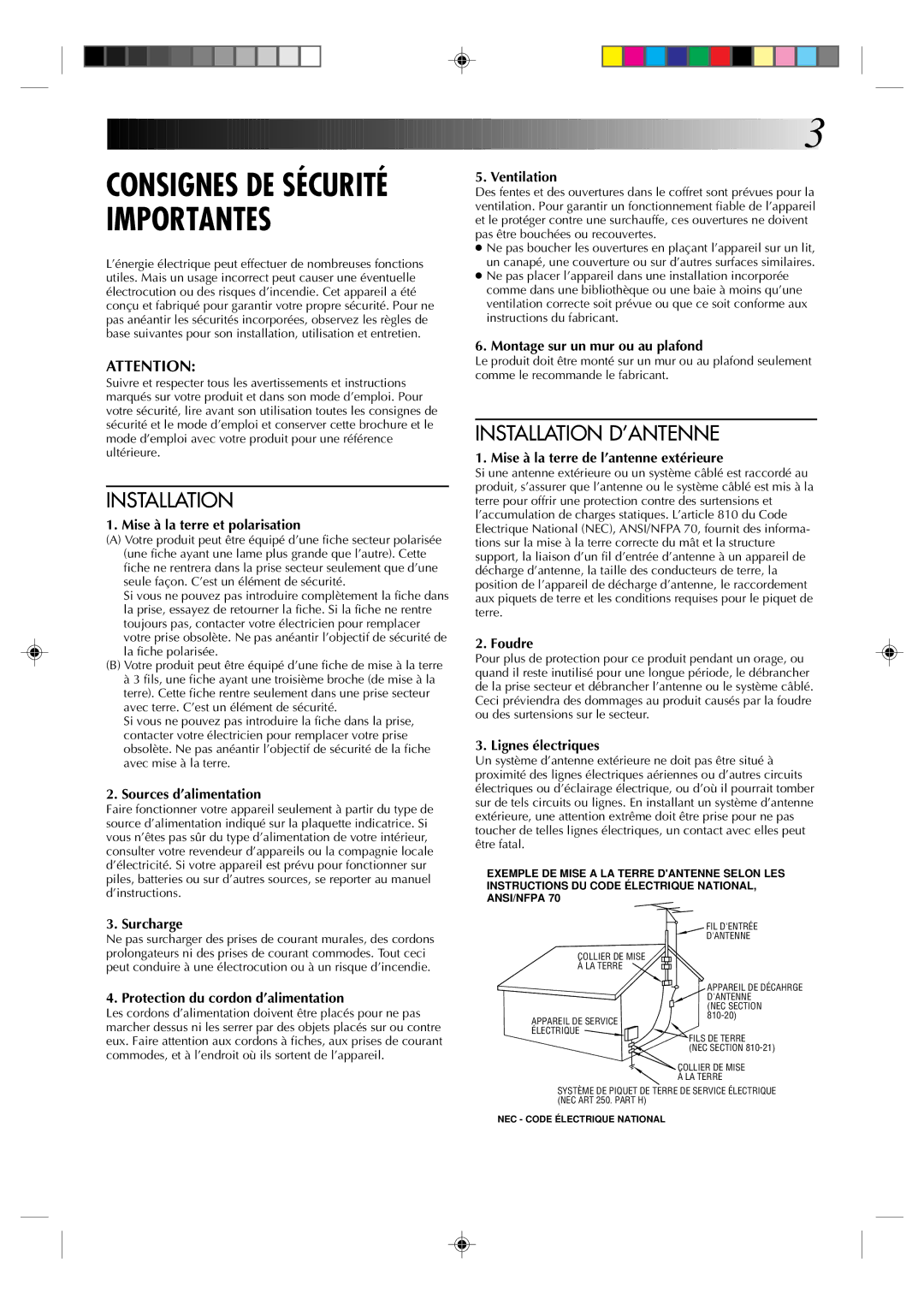 JVC HR-J633U manual Consignes DE Sécurité Importantes 