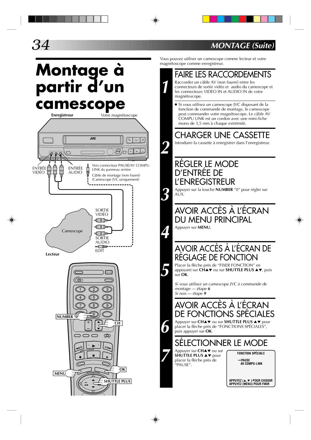 JVC HR-J633U manual Montage à partir d’un camescope, Régler LE Mode ’ENTRÉE DE ’ENREGISTREUR, Montage Suite, Lecteur 