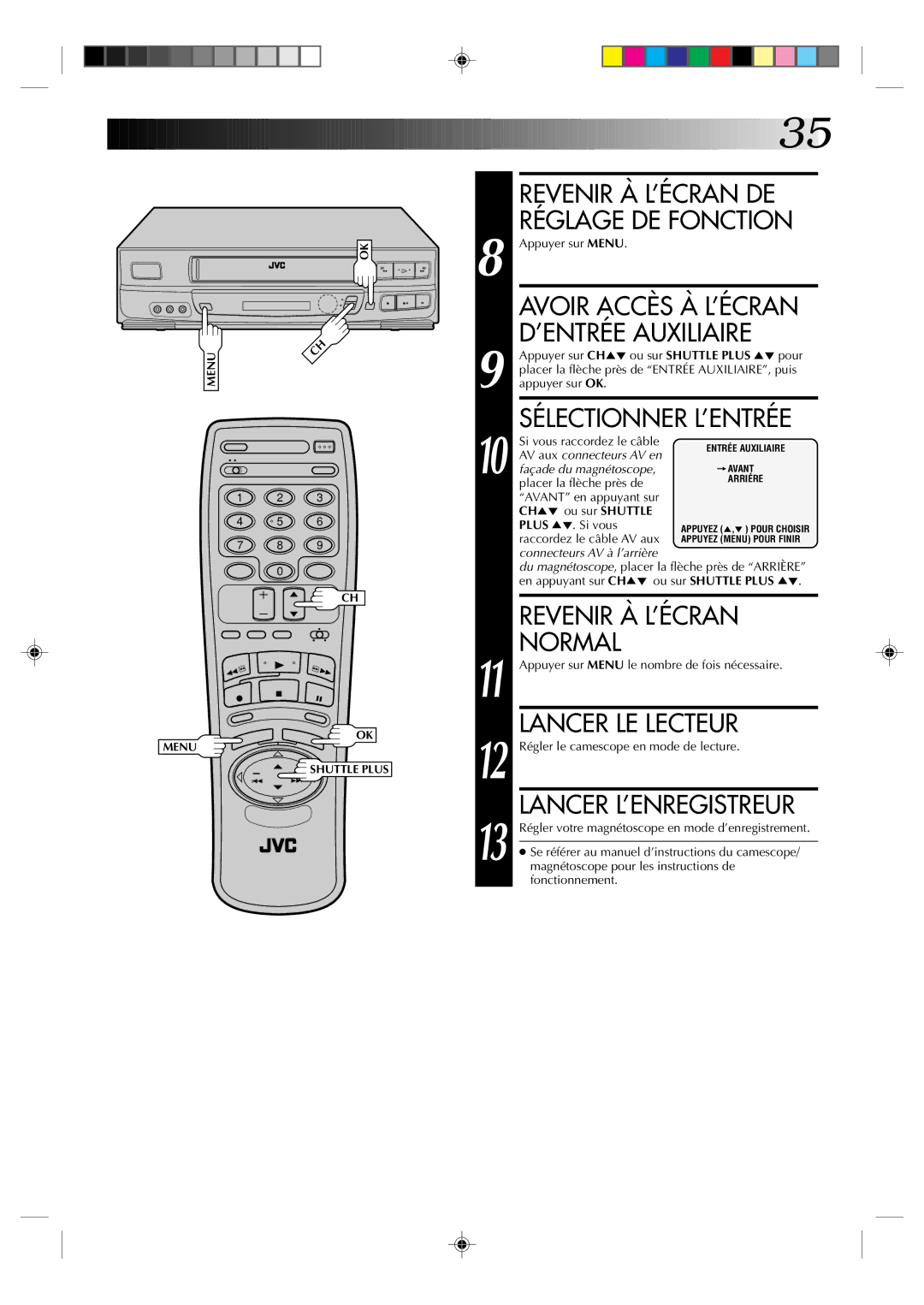 JVC HR-J633U manual Revenir À L’ÉCRAN DE, Réglage DE Fonction, ’ENTRÉE Auxiliaire 