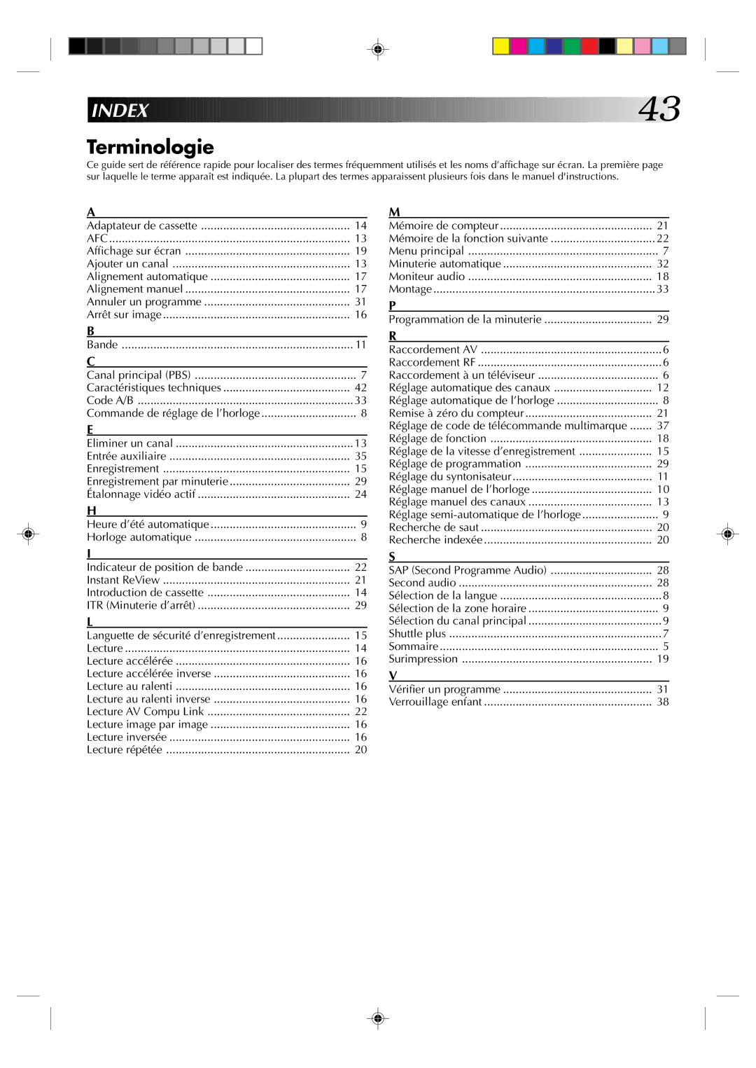 JVC HR-J633U manual Index, Terminologie 