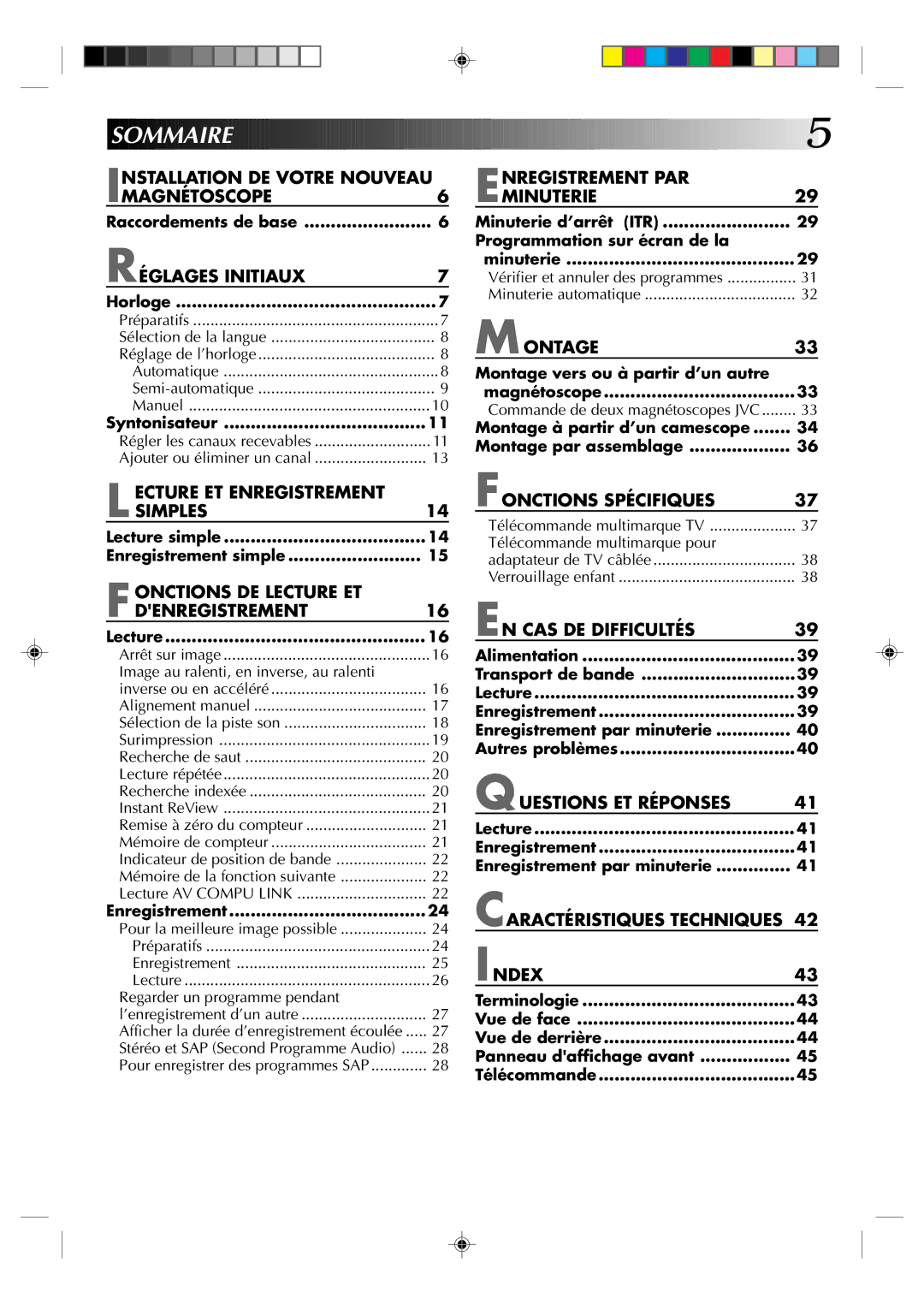 JVC HR-J633U manual Sommaire, Réglages Initiaux 