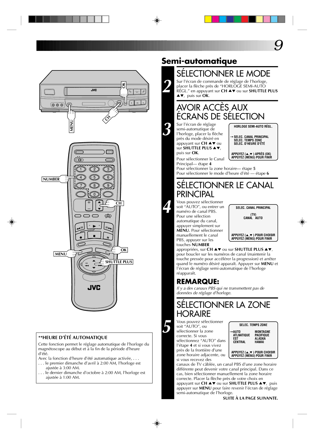 JVC HR-J633U manual Sélectionner LE Mode, Avoir Accès AUX, Écrans DE Sélection, Principal, Sélectionner LA Zone Horaire 