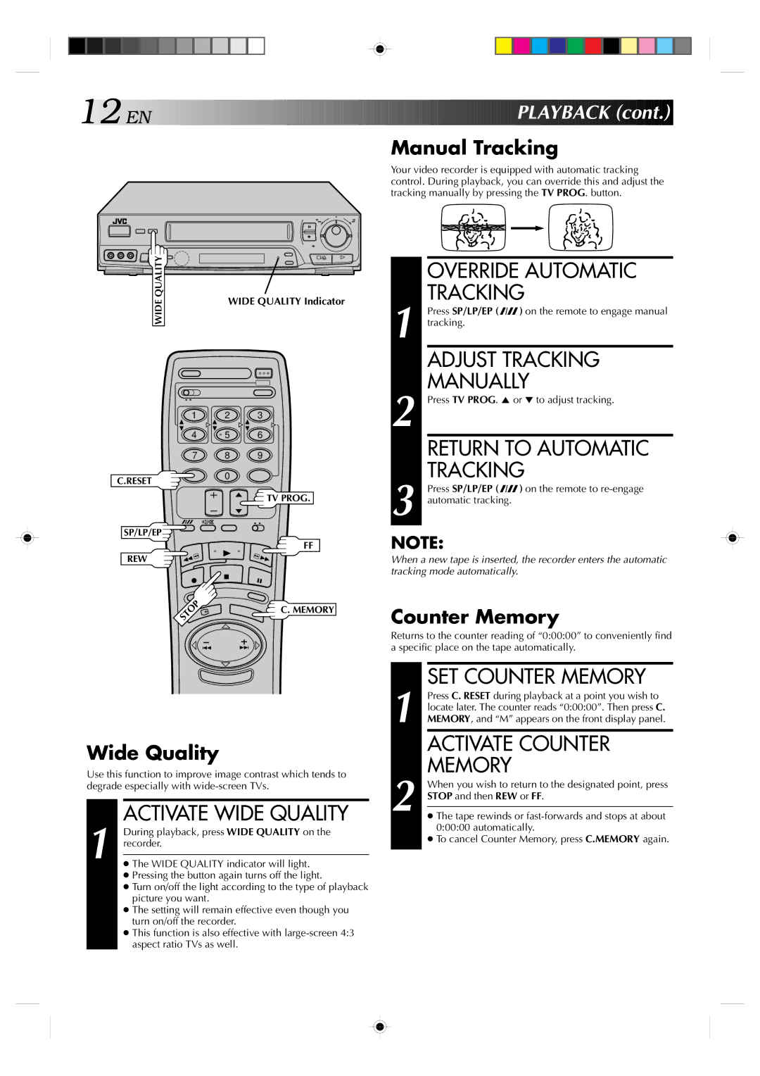 JVC HR-J635EA Activate Wide Quality, Override Automatic Tracking, Adjust Tracking, Manually, Return to Automatic, Memory 