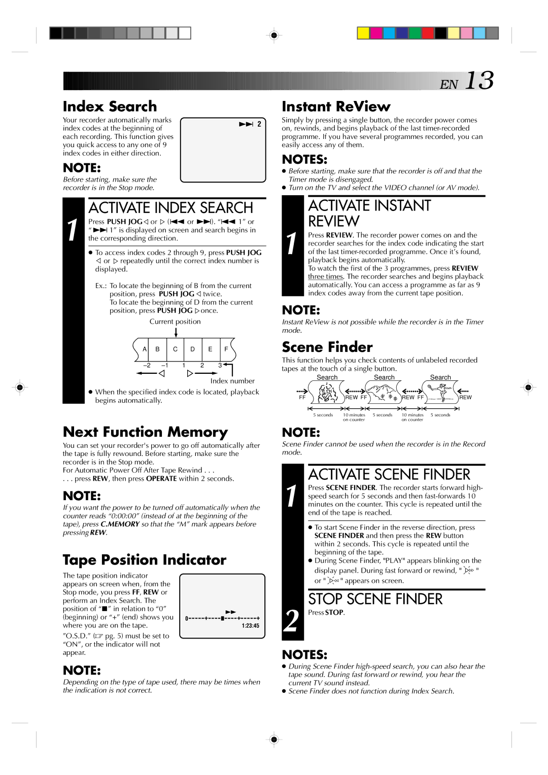 JVC HR-J635EA specifications Activate Instant Review, Activate Scene Finder, Stop Scene Finder 