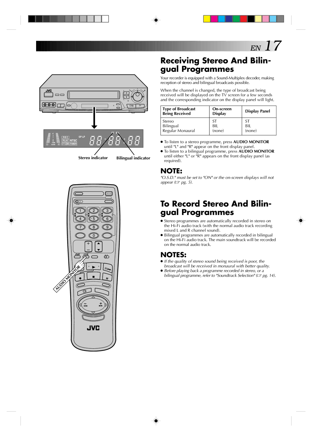 JVC HR-J635EA Receiving Stereo And Bilin- gual Programmes, To Record Stereo And Bilin- gual Programmes, Stereo indicator 