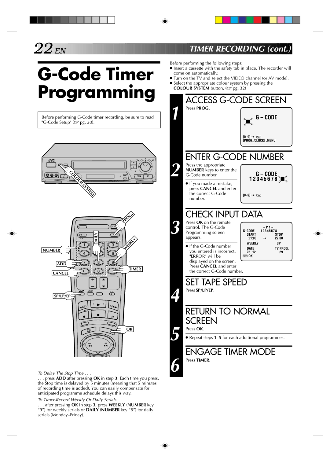 JVC HR-J635EA Code Timer Programming, Access G-CODE Screen, Enter G-CODE Number, Check Input Data, Engage Timer Mode 