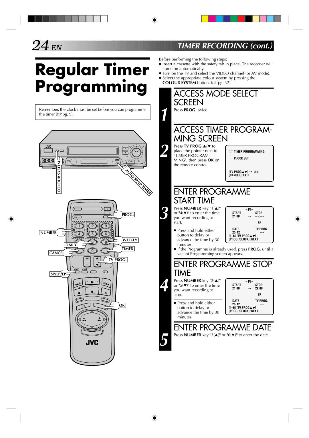 JVC HR-J635EA specifications Regular Timer Programming, Enter Programme Stop Time 