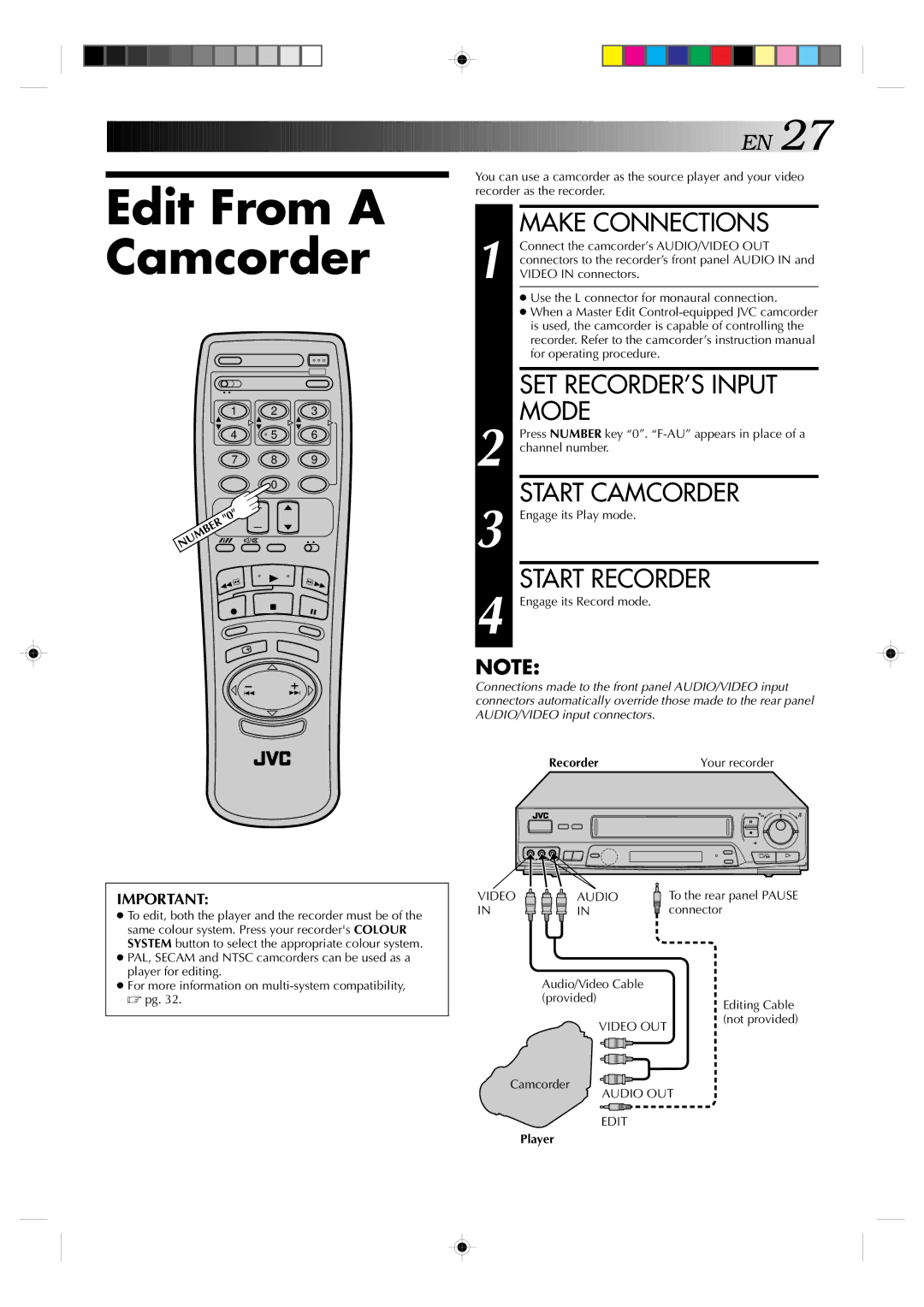 JVC HR-J635EA specifications Edit From a Camcorder, SET RECORDER’S Input, Mode, Start Camcorder, Start Recorder 