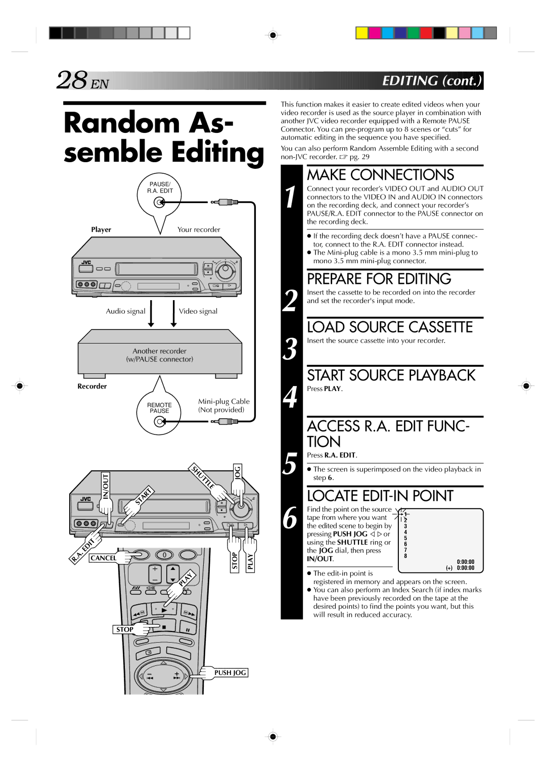 JVC HR-J635EA Random As- semble Editing, Prepare for Editing, Access R.A. Edit Func Tion, Locate EDIT-IN Point 